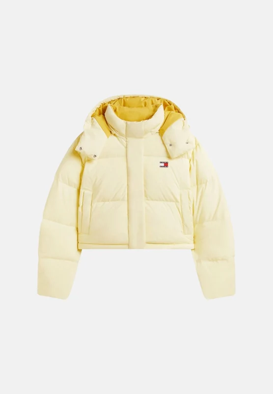 TOMMY JEANS Piumino ALASKA Day Lily giallo vaniglia chiaro da donna con imbottitura in piumino naturale, lunghezza corta, cappuccio, trapuntatura oriz M