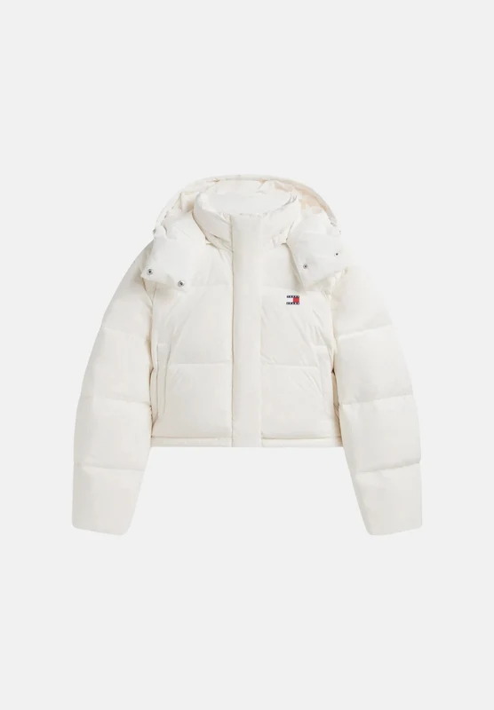 TOMMY JEANS Piumino ALASKA Off White bianco panna da donna con imbottitura in piumino naturale d'anatra, lunghezza corta, cappuccio, trapuntatura oriz M