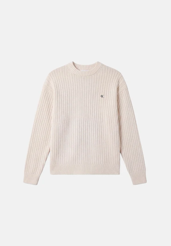 CALVIN KLEIN JEANS Maglione VERTICAL M Tofu bianco panna da uomo con girocollo, lavorazione a costine verticali e monogramma CK sul petto XL