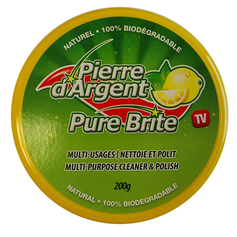Pierre d'Argent Pure Brite All-Purpose Stainless Steel Cleaner - 100% Biodegradable - Clay-Based Paste - 200-g