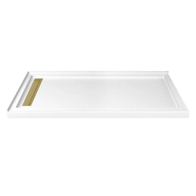 Turin LinearLux 72 x 35 x 3.5-in Acrylic Corner Slip-Resistant Shower Base w/ Left Drain + Brass Cover - White
