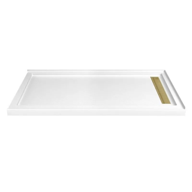 Turin LinearLux 72 x 48 x 3.5-in Acrylic Corner Slip-Resistant Shower Base w/ Right Drain + Brass Cover - White