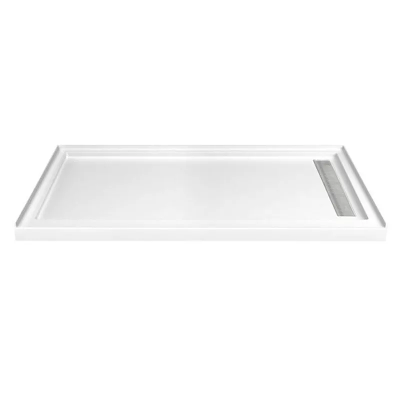 Turin LinearLux 72x35x3.5-in Slip-Resistant Acrylic Alcove Shower Base w/ Right Drain + Chrome Cover - White