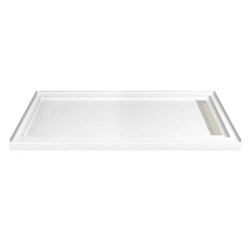 Turin LinearLux 72x40x3.5-in Slip-Resistant Acrylic Alcove Shower Base w/ Right Drain + Nickel Cover - White