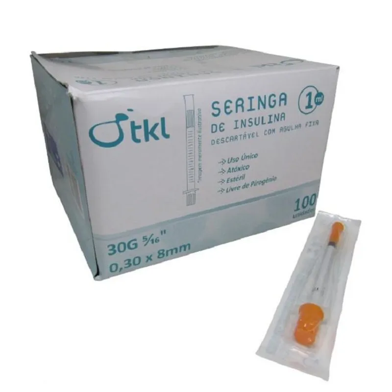 Seringa De Insulina 1Ml Agulha 8X0,30Mm Tkl Caixa 100Un