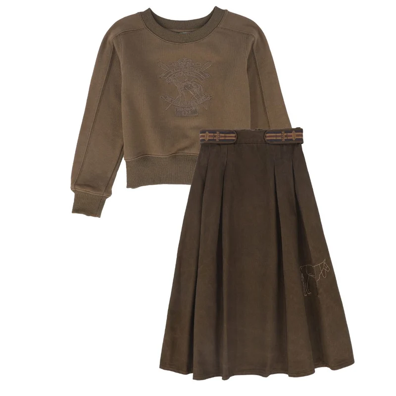 BACE COLLECTION BROWN DENIM EMBROIDERED PLEAT SKIRT SET 16 / 20