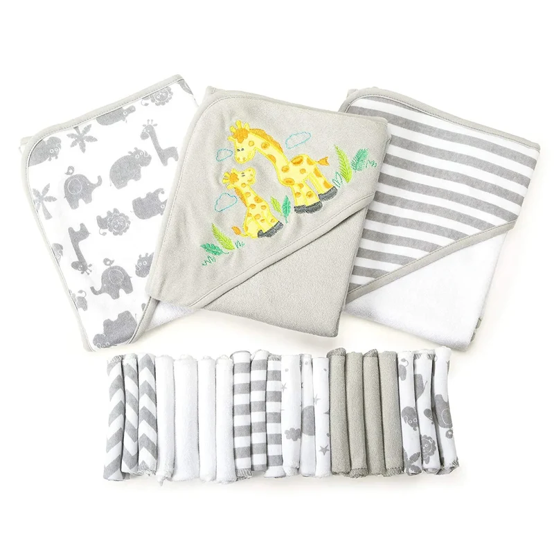 Baby Hooded Towel & Washcloth Set - 23-Piece - Gray Giraffe Safari Grey Open Box