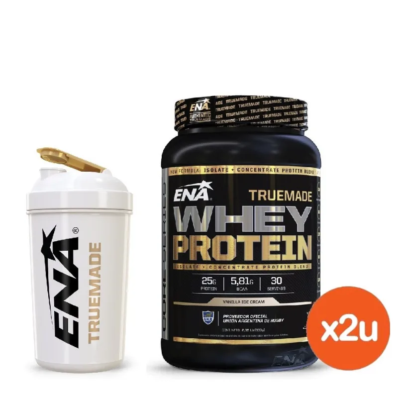 Combo Suplemento Dietario Ena Whey Protein Sabor a Vainilla x 2 un x 930 g c/u + Vaso Batidor Shaker de Regalo