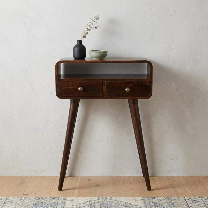 24" Walnut Solid Wood Console Table With Shelf And Two Drawers