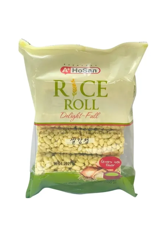 HOSAN RICE ROLL CRACKER CHA VERDE 100g - Snack de arroz sabor chá verde. Origem: Coreia do Sul