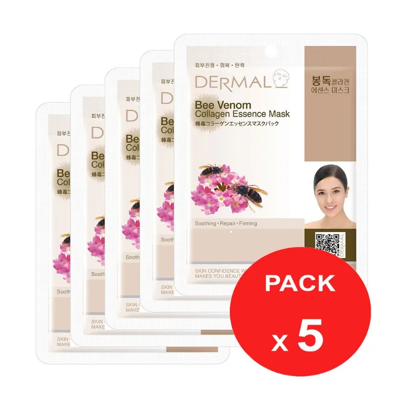 Pack de 5 Mascarillas Facial Colageno Dermal Toxina de Abeja