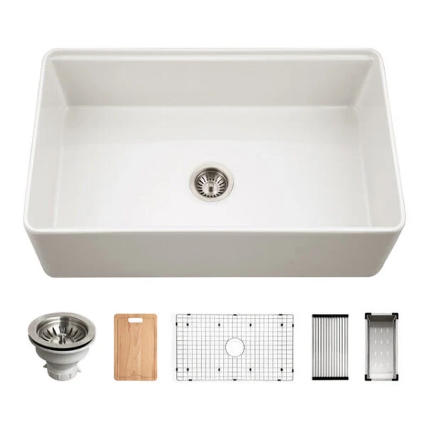 Hamat - Kilncrest 33 Inch Apron-Front Fireclay Workstation Single Bowl Kitchen Sink Matte White