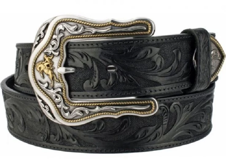 Tony Lama Black Tooled Leather Westerly Ride 1 1/2 inch Men's Western Belt C41513 BLACK / 40