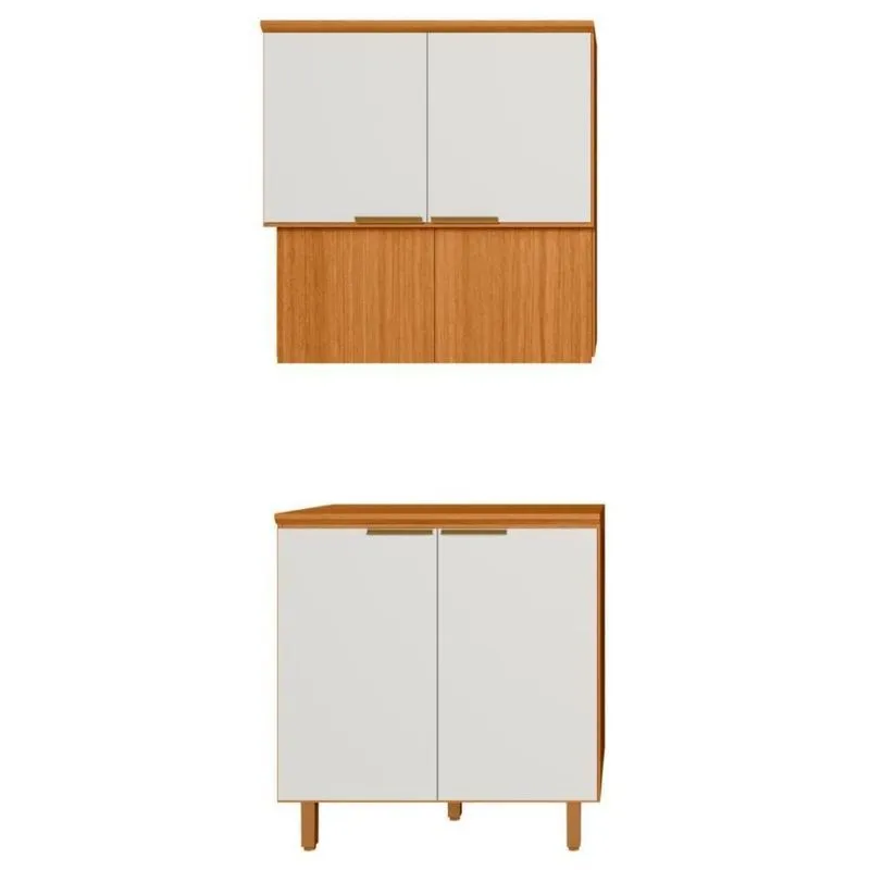 Balcão Com Tampo E Armário Aéreo Bari 2 Portas 2 Prateleiras Mdf 80cm Freijo Off Acetinado