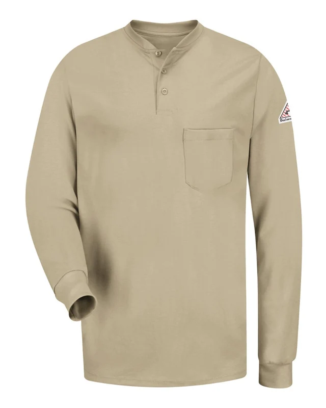 Bulwark SEL2T Long Sleeve Tagless Henley Shirt - Tall Sizes - Khaki Brown-Light / Adult L Tall