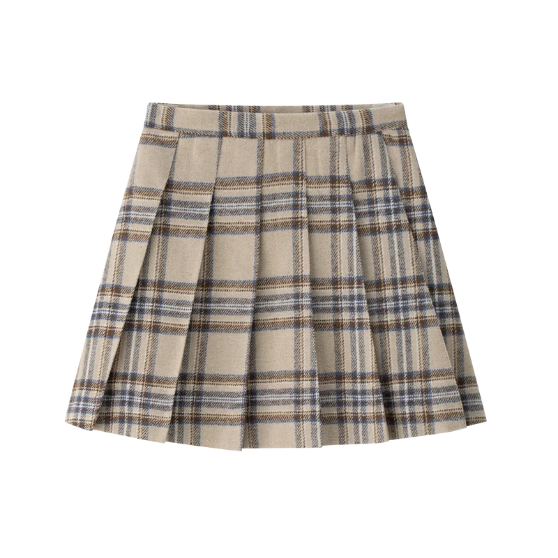 COCO BLANC CAMEL/NAVY PLAID PLEATED SKIRT 6