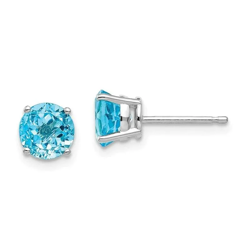 14k Ouro Branco 6mm Topázio Azul Brincos