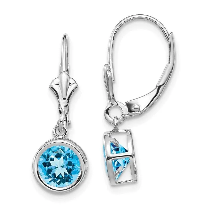 14k Ouro Branco 6mm Azul Topázio Leverback Brincos