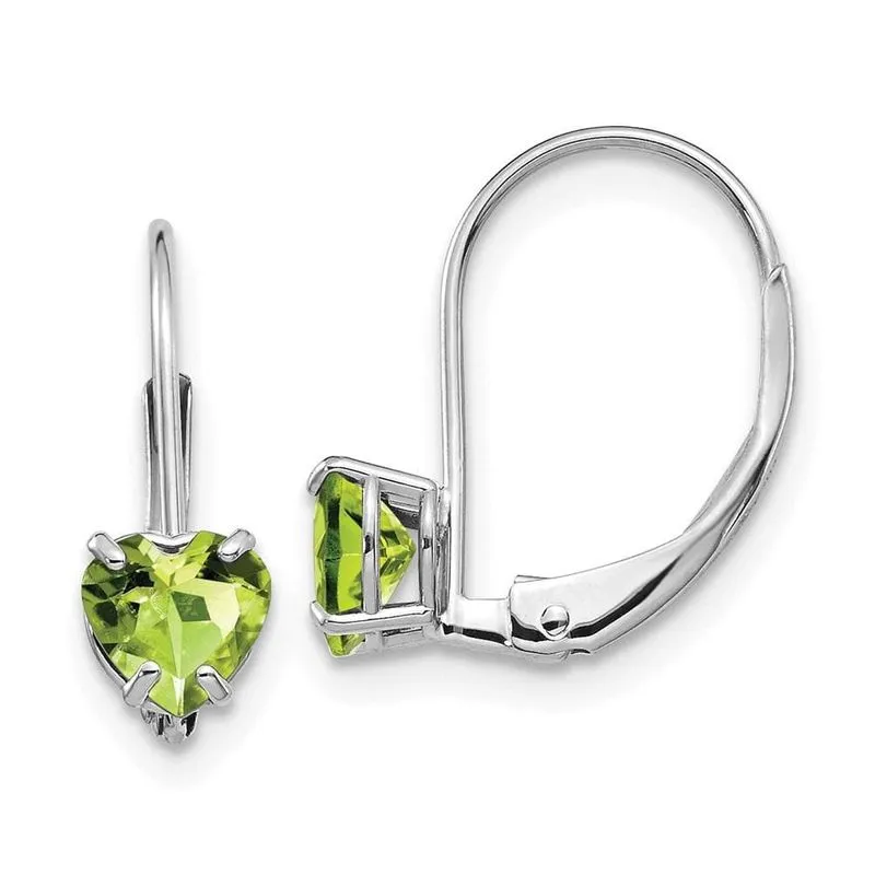 14k Ouro Branco 5mm Coração Peridot Alavanca Brincos