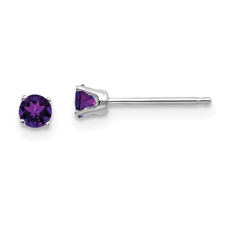 14k Ouro Branco 3mm Ametista Stud Brincos