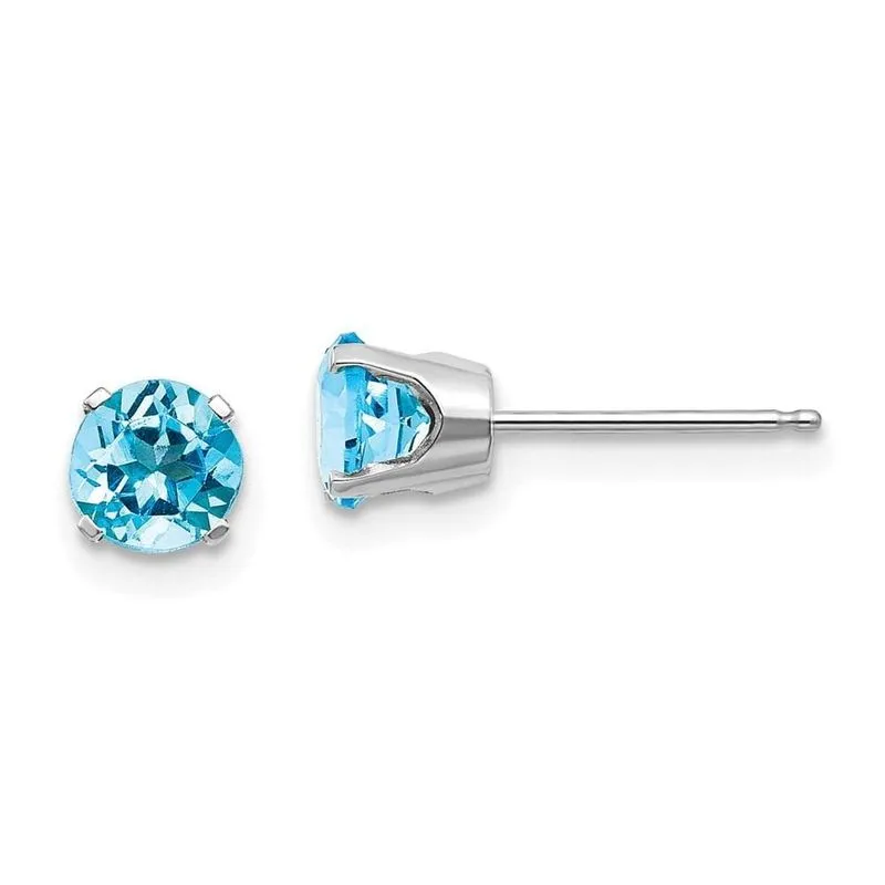14k Ouro Branco 5mm Azul Topázio Stud Brincos