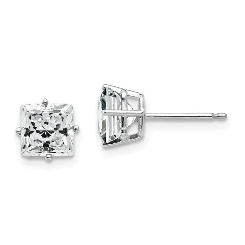 14k Ouro Branco 6mm Princesa Corte Cúbico Zircônia Brincos