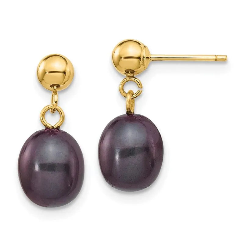 14k 7-8mm Arroz Preto Água Doce Cultivado Pearl Dangle Post E