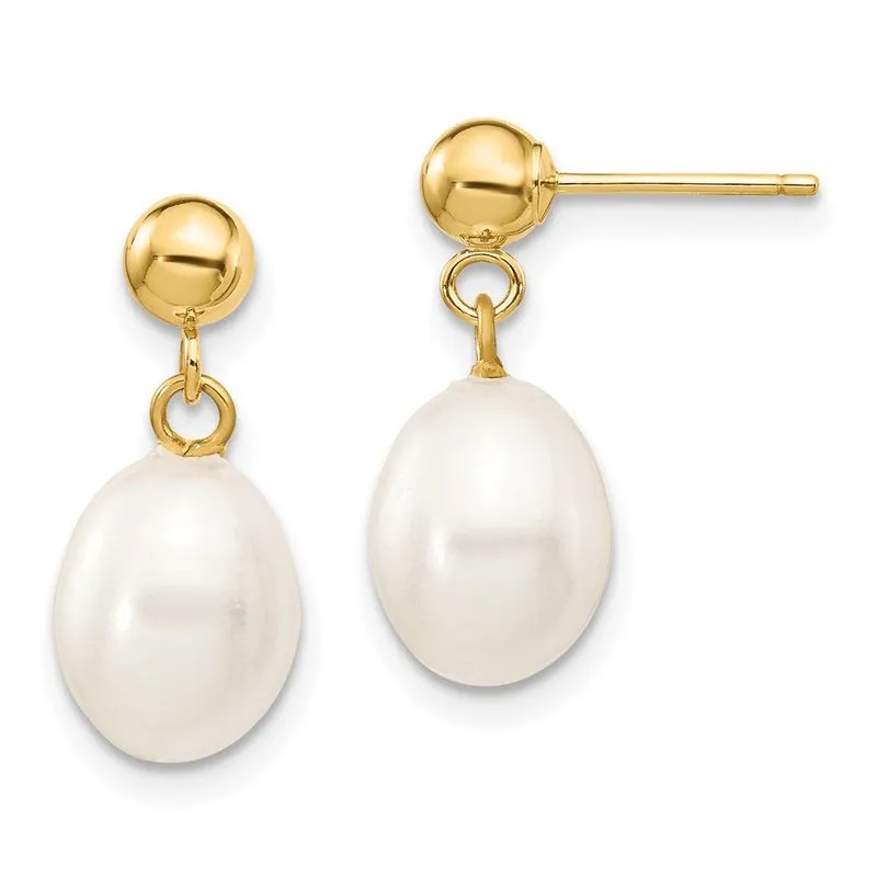 14k 7-8mm Arroz Branco Água Doce Cultivado Pearl Dangle Post E