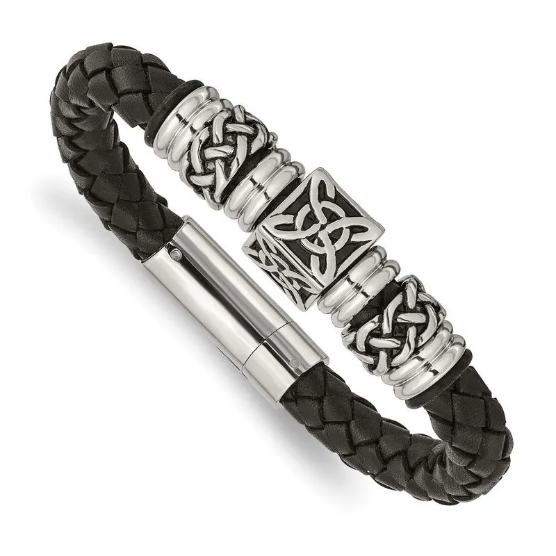 Aço Inoxidável Couro Preto W / Antiqued Beads 8.5in Bracel