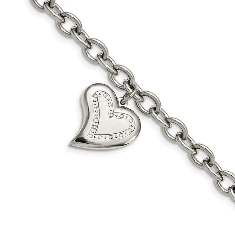 Aço Inoxidável Cz Heart Charm Fancy 7.5in Pulseira