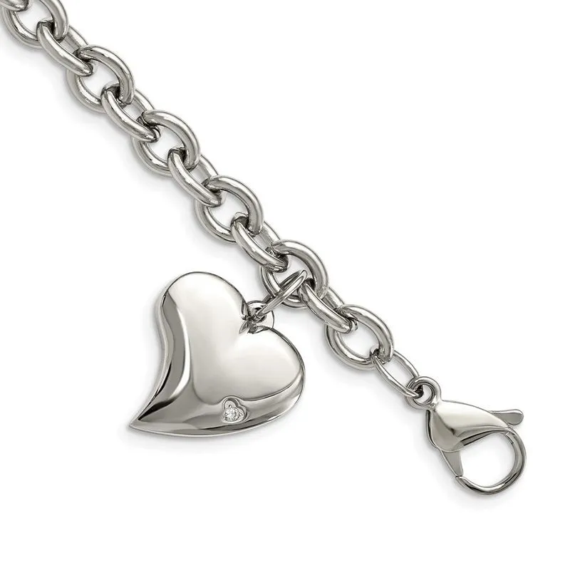 Aço Inoxidável Cz Heart Charm Fancy 7.5in Pulseira