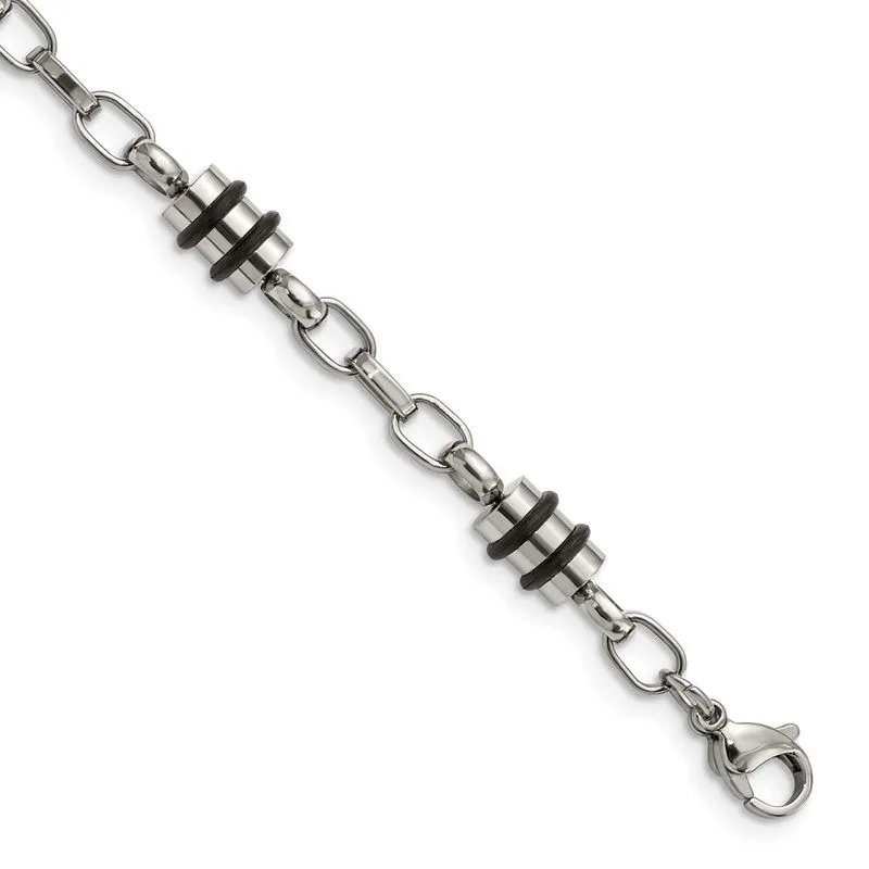 Aço Inoxidável Borracha Acento Barril Link 8in Pulseira