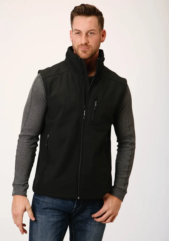 Roper Mens Black Softshell With Black Lining Zip Front Vest XL