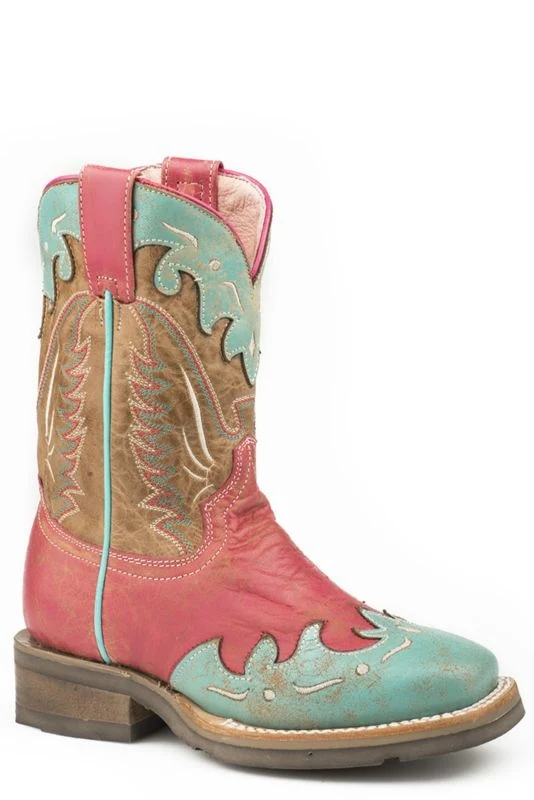 Roper Little Kids Christy Square Toe Boots Vintage Pink/Waxy Tan/Blue / 9