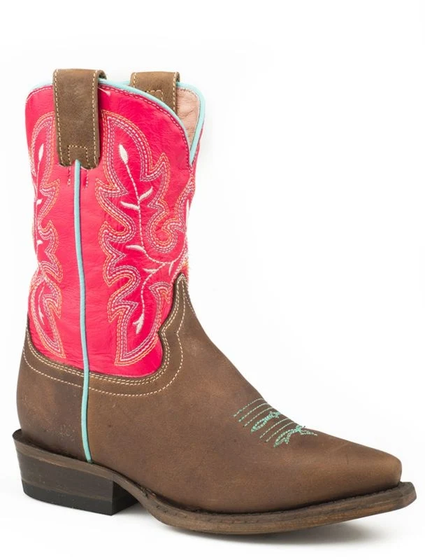 Roper Little Kids Nellie Snip Toe Boots Oiled Brown/Bright Pink / 11