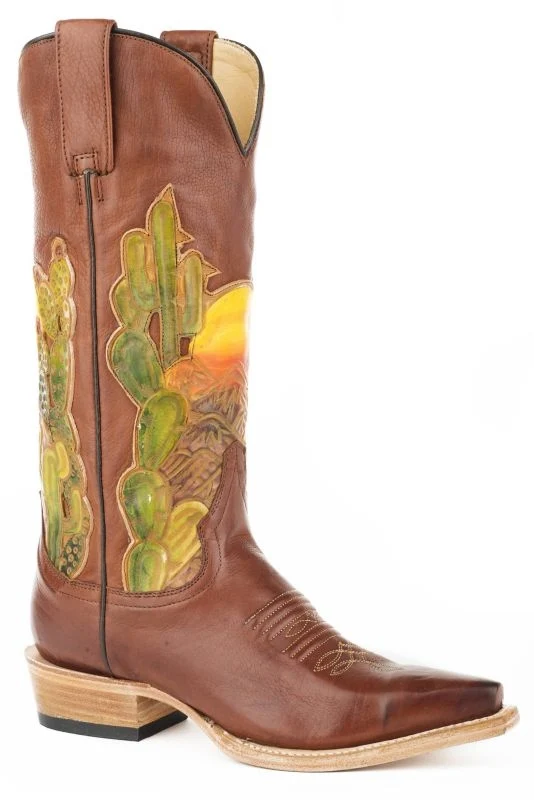 Stetson Ladies Goldie Leather Boots Vintage Brown With Cactus / 5.5