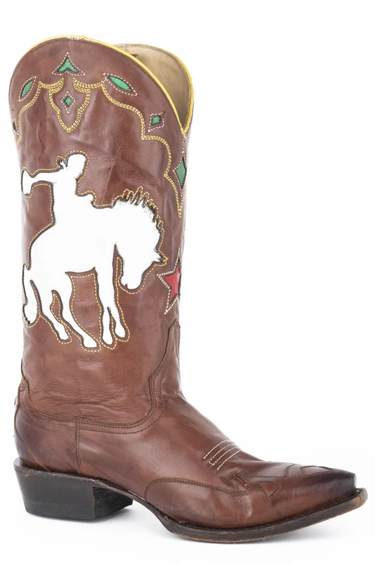 Stetson Ladies Remi Snip Toe Stacked Heel Boots Brown/White Bucking Bronco / 5