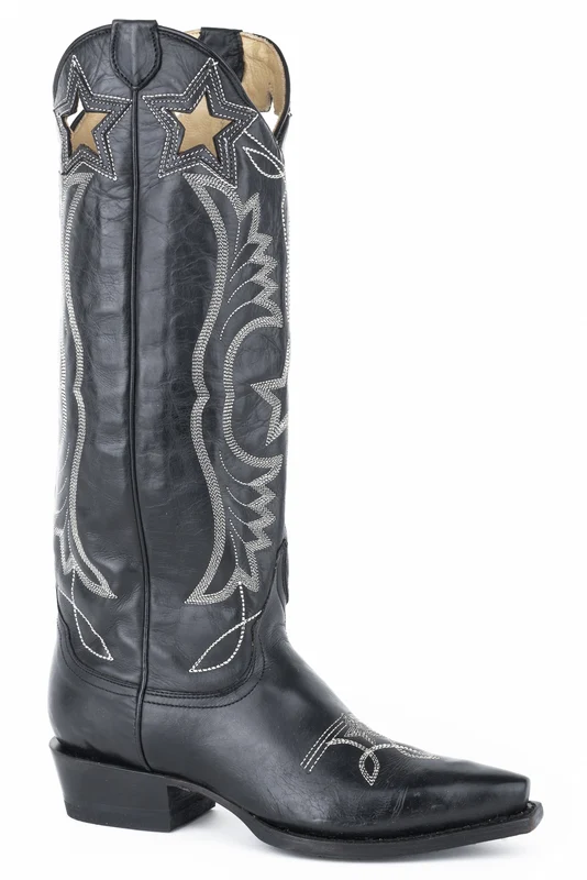 Stetson Ladies Celeste 15" Shaft Snip Toe Boots Black Oiled Goat/Star Embroidery / 5