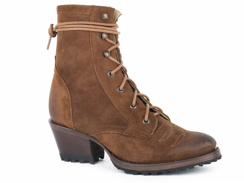 Stetson Ladies Hattie 7" Shaft Lace Up Round Toe Boots Brown Suede / 5.5