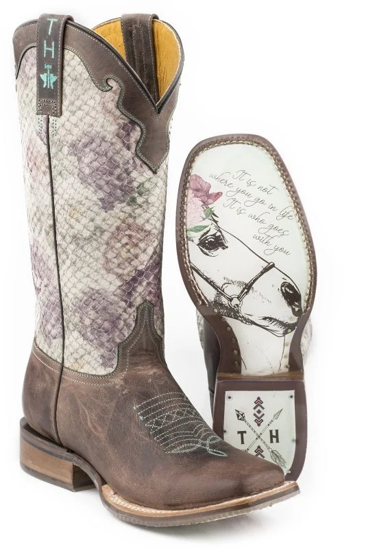 Tin Haul Ladies Rosealiscious Boots Burnished Dark Brown/Printed Snake / 10