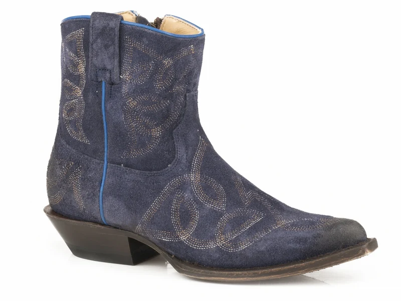 Stetson Ladies Collins Snip Toe Stacked Heel Boots Vintage Distressed Blue Suede / 9