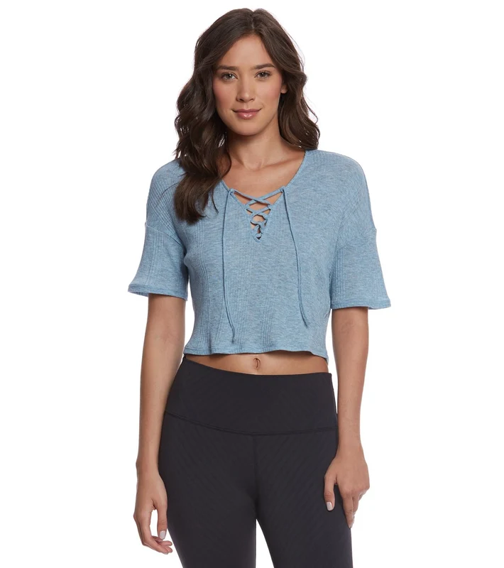 Alo Yoga Interlace Yoga Short Sleeve Crop Top Saltwater Heather / M