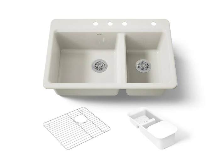 Kohler - Riverby 33 Inch Top-Mount Offset Double-Bowl Workstation Kitchen Sink With Accessories - 4-Hole Biscuit