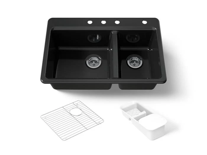 Kohler - Riverby 33 Inch Top-Mount Offset Double-Bowl Workstation Kitchen Sink With Accessories - 4-Hole Black Black