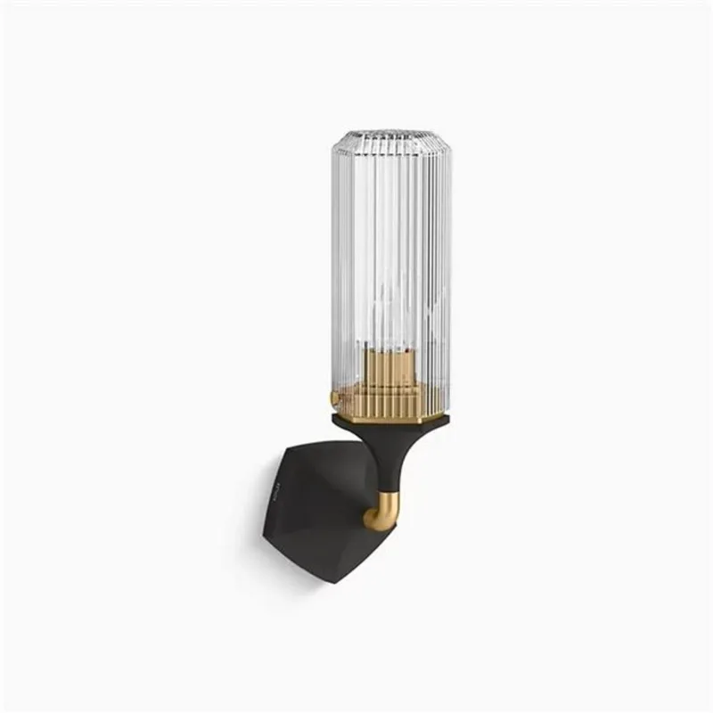 KOHLER Occasion Black/Brass Metal 1-Light Wall Sconce w/ Ridged Cylindrical Glass Shade