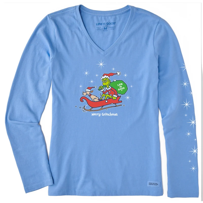 Women's Merry Grinchmas Twinkle Long Sleeve Crusher Vee Cornflower Blue / XS / Crusher