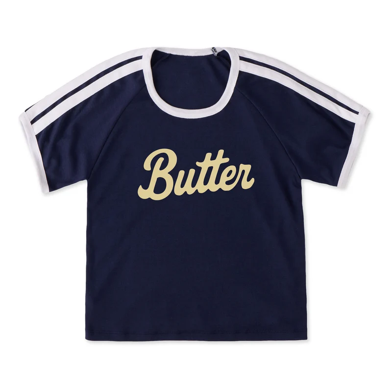 Women's Butter Script Shoulder-Striped Ringer Tee Sea Blue with Bright White Stripe / XS / Assortment Tops