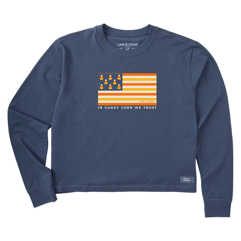 Women's In Candy Corn We Trust Long Sleeve Crusher Boxy Tee Darkest Blue / XL / Crusher