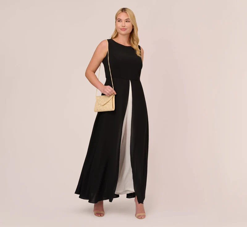 Plus Size Colorblock Jumpsuit With Skirt Overlay In Black Ivory Black/Ivory / Plus Size / 20