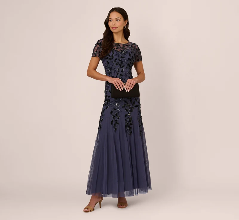 Hand Beaded Short Sleeve Floral Godet Gown In Smoky Peri Smoky Peri / Regular / 8